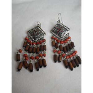 Costume dangle Earrings Ethnic Silver red wood